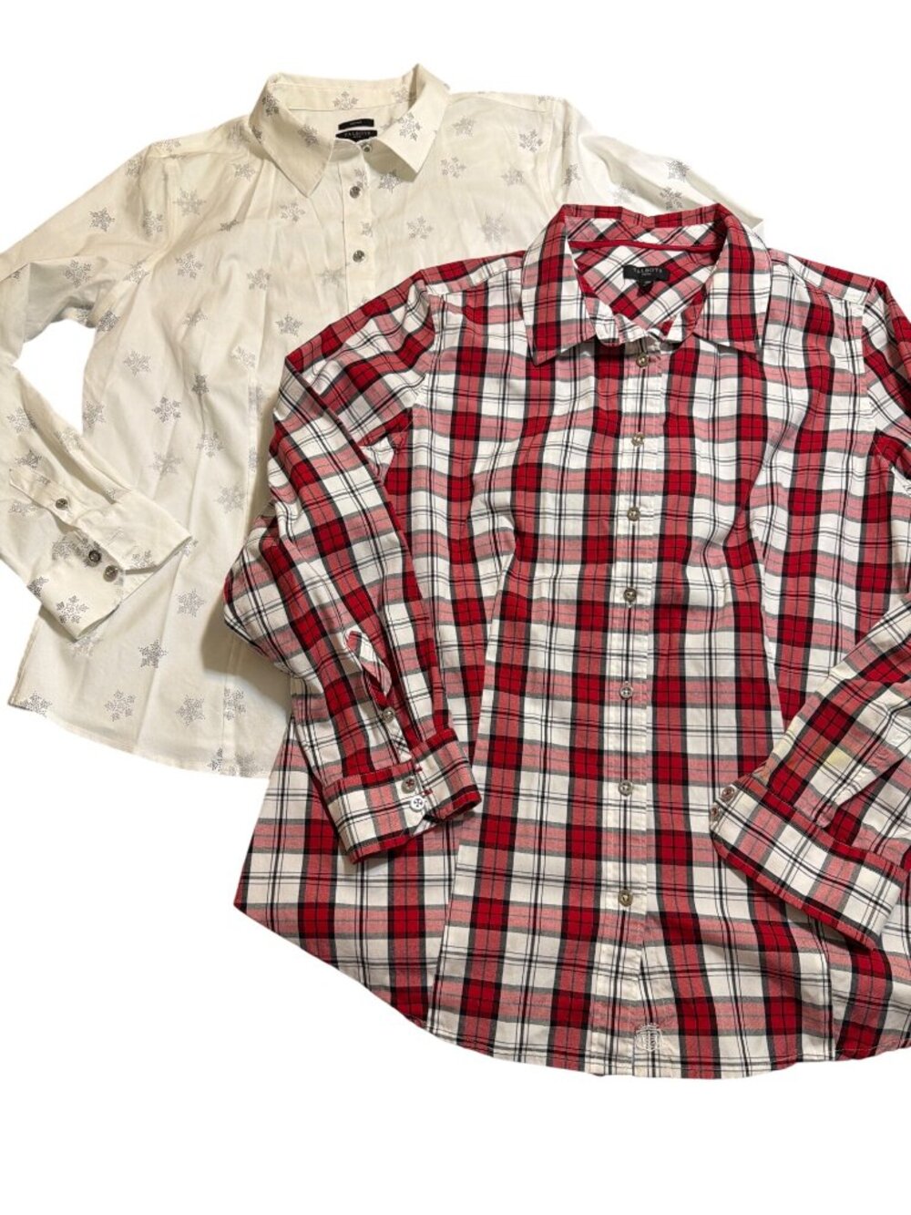 2 Talbots Button Up Long Sleeve Shirts Red Plaid White Silver Snowflake Size 12P